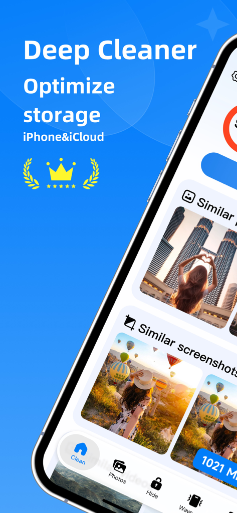 Interface de l'application Deep Cleaner montrant comment optimiser le stockage de l'iPhone en identifiant les photos et captures d'écran similaires