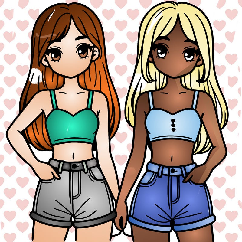 two sisters with crop tops and jean shorts and straight hair