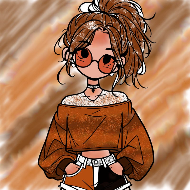 girl with a messy ponytail glasses a baggy crop top and jean shorts