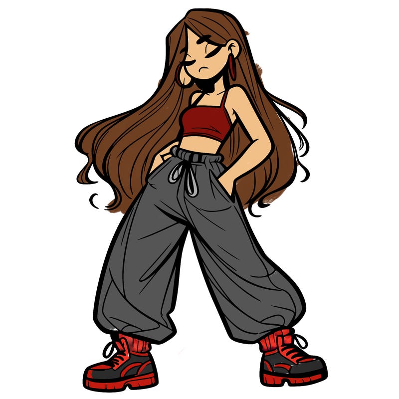 girl in baggy pants crop top and long hair
