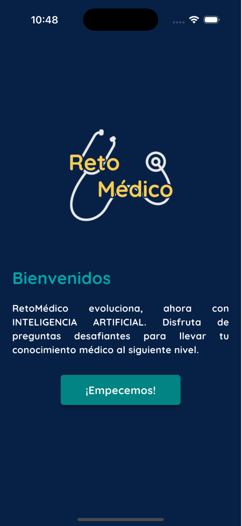 RetoMedico - Pantalla de bienvenida de la aplicación RetoMedico con el logo y el botón de inicio