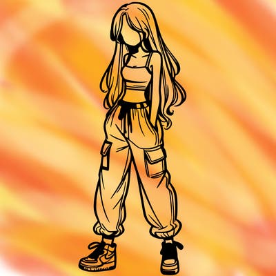 girl in baggy pants crop top and long hair