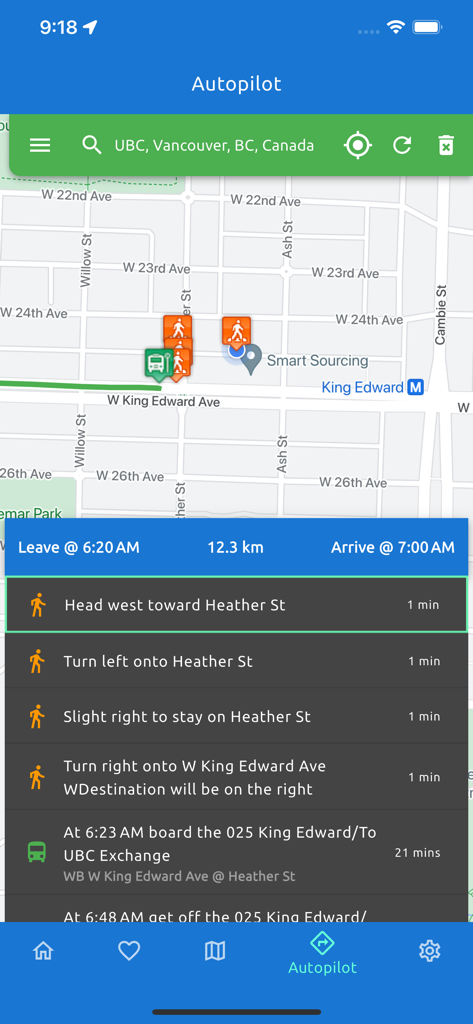 Vancouver Transit Live - Capture d'écran de l'application Vancouver Transit Live montrant la fonction Autopilot avec une carte et des instructions de transport étape par étape.
