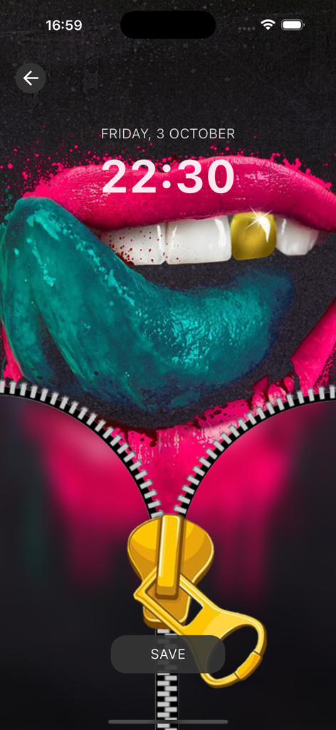 Zipper Lock Dope Wallpaper HD+ - A stylish zipper lock screen wallpaper featuring a mouth with a blue tongue and a gold tooth