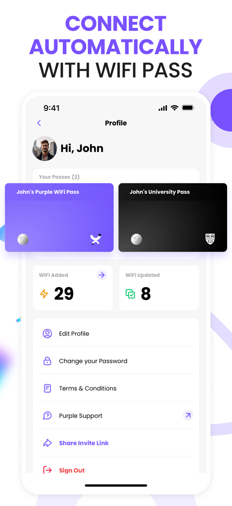 Purple - WiFi Map - Purple WiFi Map user profile screen featuring digital WiFi passes for automatic connection.