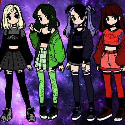one girl with crop-top shirt and a jacket with a skirt, long socks and another girl with a shirt and pants with a jacket