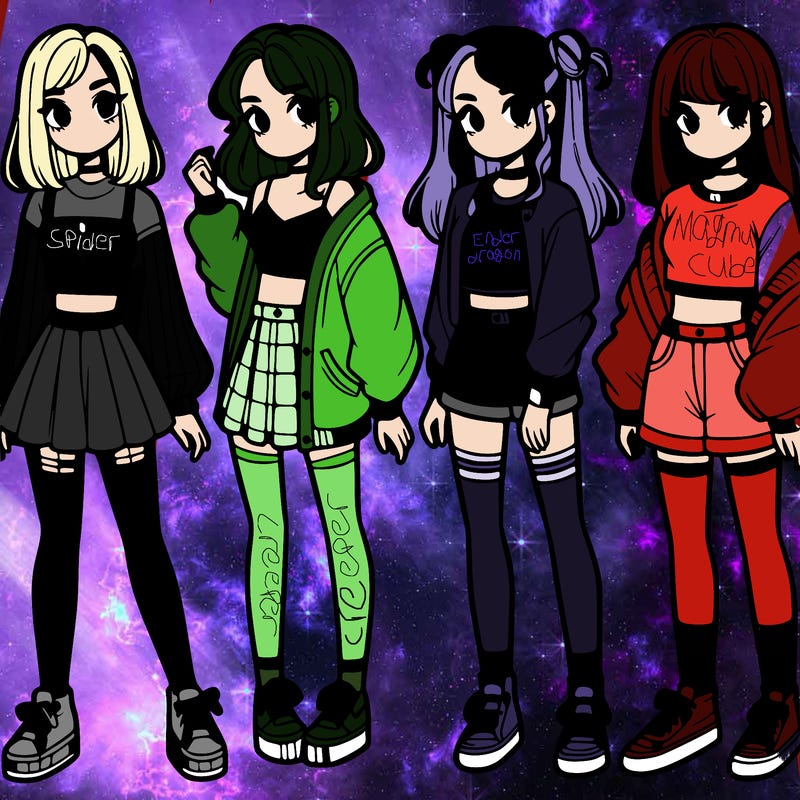 one girl with crop-top shirt and a jacket with a skirt, long socks and another girl with a shirt and pants with a jacket