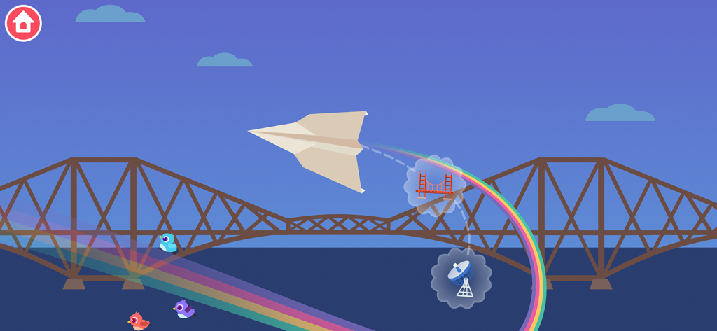 Dinosaur Plane Games for kids - Un avión de papel volando sobre un gran puente con un rastro arcoíris en el juego para niños Avión de Dinosaurios.
