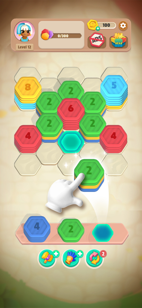 Hexa Stack: Color Sort Puzzle - Gameplay screen of Hexa Stack Color Sort Puzzle with a hand dragging a green hex stack on a hexagonal grid.