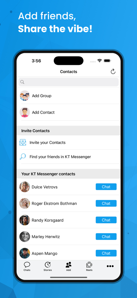 Pantalla de contactos de la aplicación KT Messenger que muestra una lista de amigos y opciones para agregar o invitar nuevos contactos.
