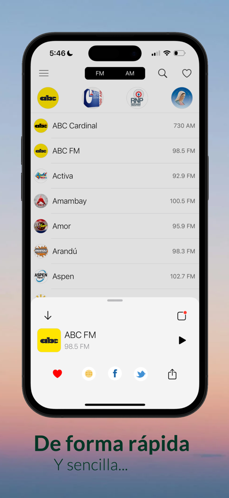 Radios Paraguay - Una lista de estaciones de radio paraguayas en la interfaz de la aplicación Radios Paraguay