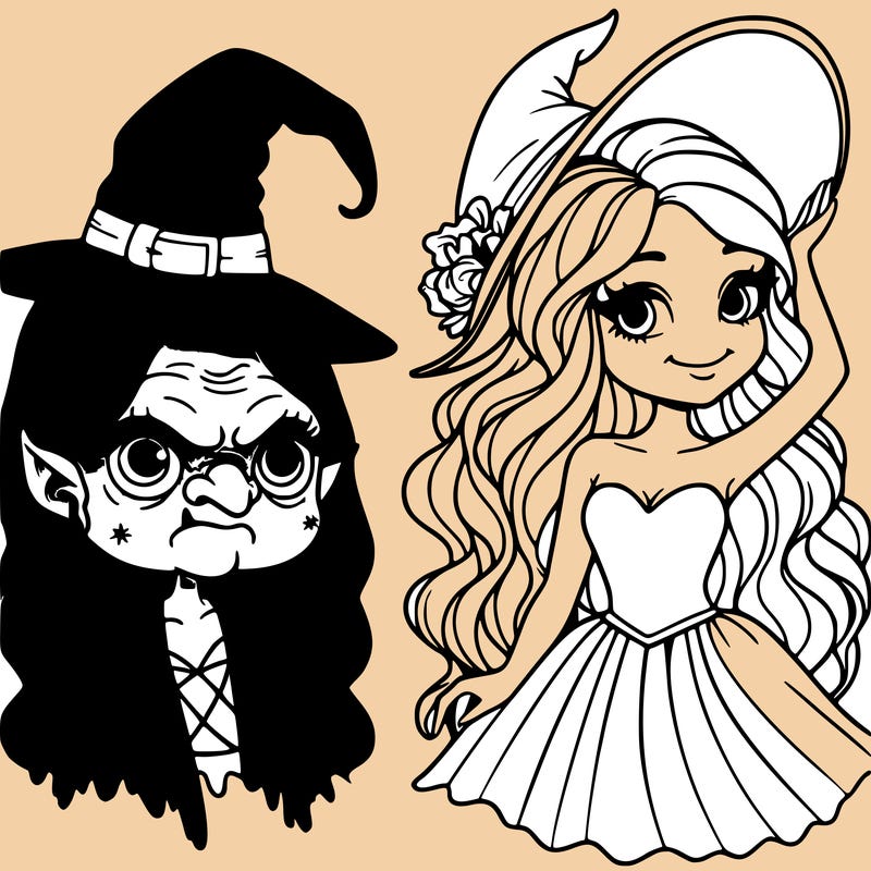 a beautiful pink witch and a green ugly witch