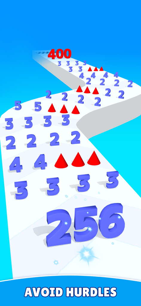 Gameplay of Number Merge Run showing a large blue number 256 navigating a path while avoiding red hurdles and collecting smaller numbers.