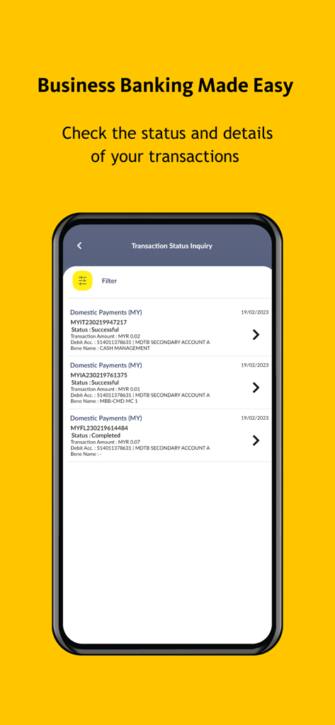M2E Global - M2E Global mobile app screen showing a list of domestic payment transaction statuses
