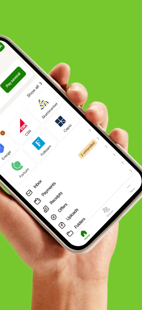 Smartphone screen showing the Kivra app interface for managing digital invoices and receipts.