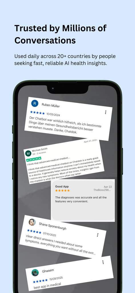 Chatdok - A smartphone displaying several positive user reviews for the ChatDok AI health assistant app