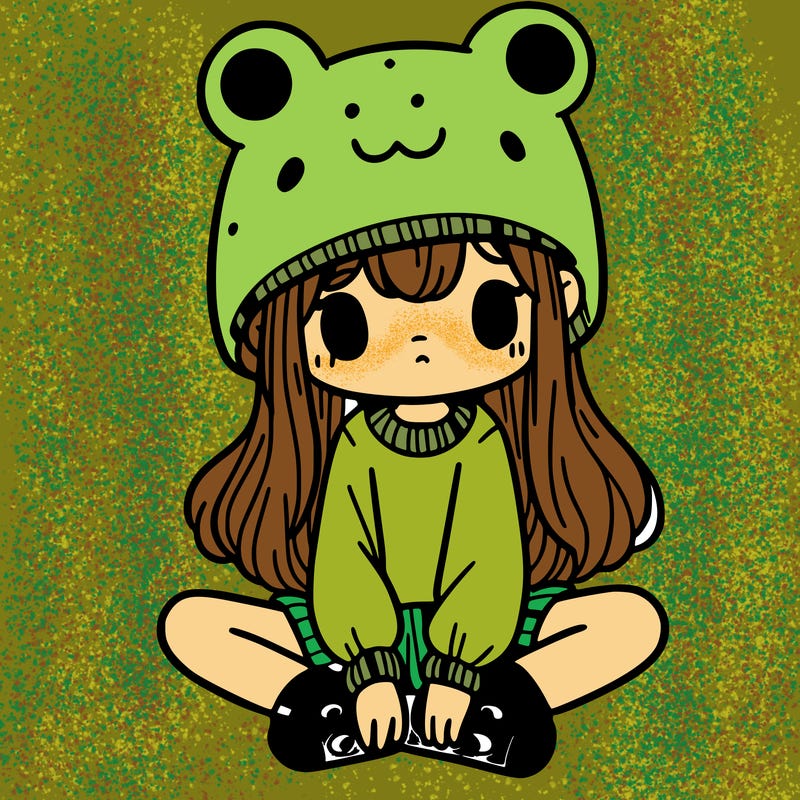a girl wearing a frog hat and some frog socks
