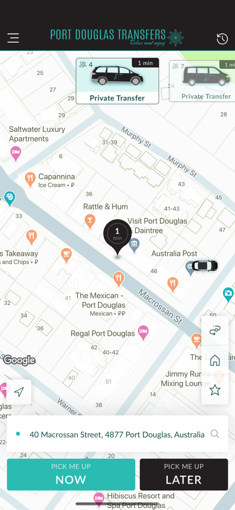 Port Douglas Transfers - Map view in the Port Douglas Transfers app for booking private transport.