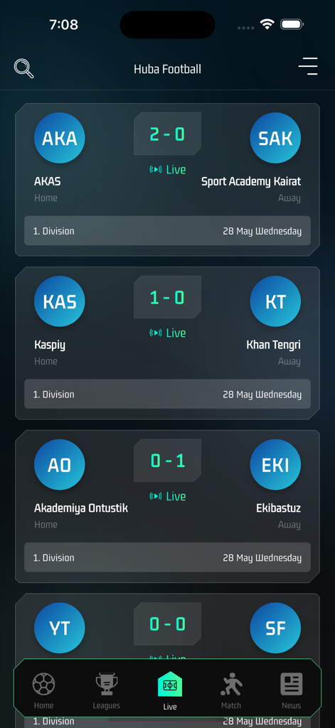 Huba Football - Pantalla de marcadores en vivo de la aplicación Huba Football mostrando resultados y horarios de partidos de fútbol en tiempo real.