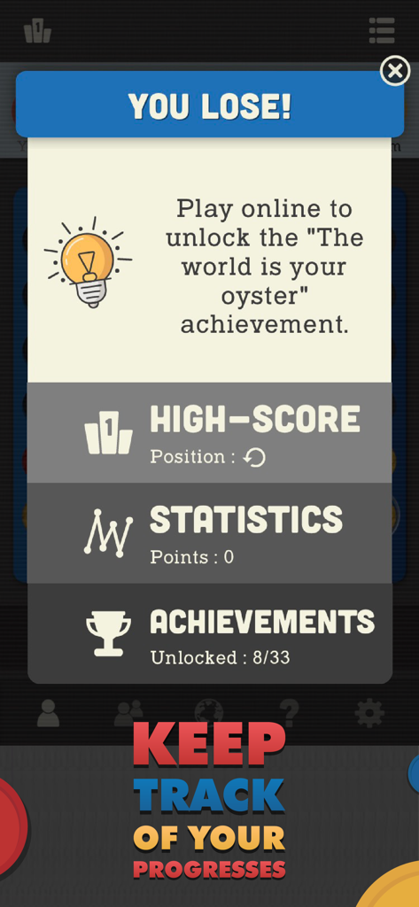 Four In A Row - Classic Games - Vier Gewinnt Spielbildschirm, der Spielerstatistiken, Highscores und freigeschaltete Erfolge anzeigt