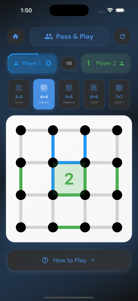 Dot & Box: Line Connect Puzzle - Interfaccia del gioco Dot and Box che mostra la modalità multiplayer locale pass and play con una griglia quattro per quattro.