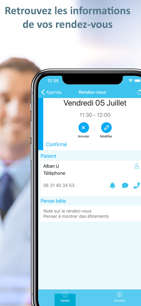 Mon Rdv Kiné - Praticien - Écran de smartphone montrant les détails d'un rendez-vous de kinésithérapeute avec les informations de contact du patient et les notes de séance.