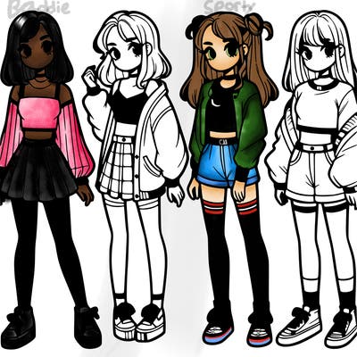 one girl with crop-top shirt and a jacket with a skirt, long socks and another girl with a shirt and pants with a jacket
