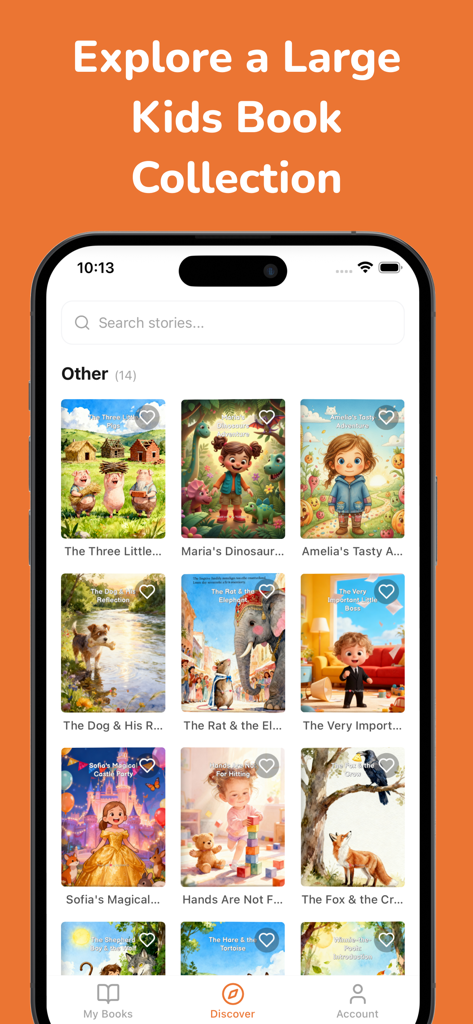 Kids Story Books - KidTeller - 다양한 테마와 삽화가 있는 맞춤 아동 도서 컬렉션을 보여주는 KidTeller 앱 스크린샷