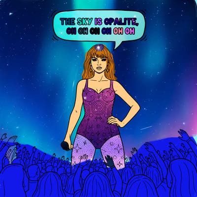 taylor swift. tall, son stage, a lot of fans in crowd, sparkly leotard, bangs, speech bubble inside saying “the sky is opalite, oh oh oh oh oh” , lots of makeup, dimand earrings, and microphone