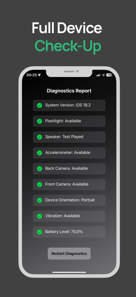 Device Tester: Check & Monitor - A mobile app screen displaying a full device diagnostics report with hardware test results.