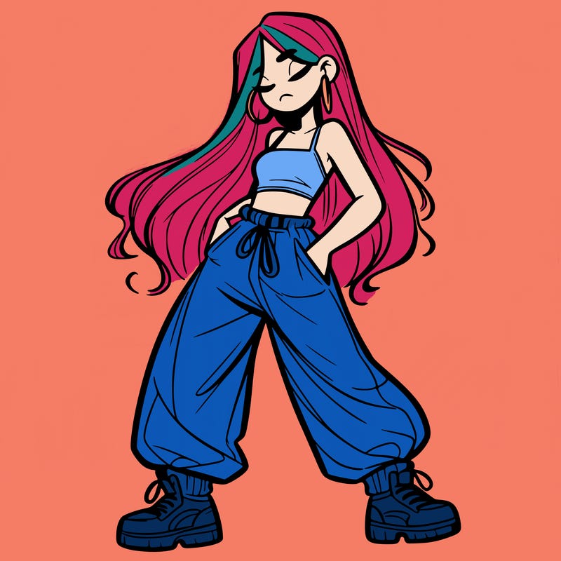 girl in baggy pants crop top and long hair