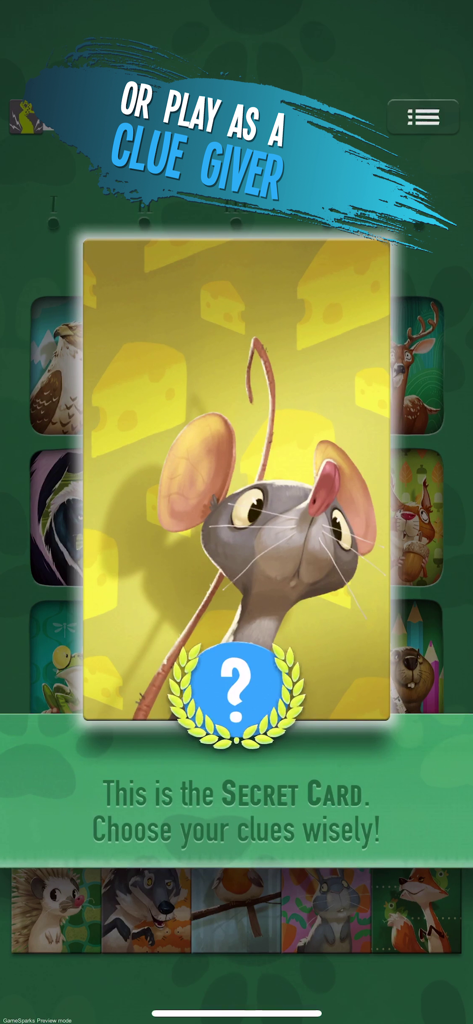 Similo: The Card Game - Gameplay-Bildschirm von Similo, der eine Maus als geheime Karte im Modus des Hinweisgebers zeigt