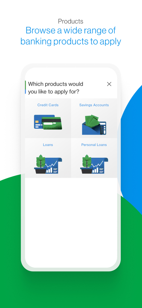 Pantalla de la aplicación SC Mobile Nepal que muestra opciones para solicitar tarjetas de crédito, cuentas de ahorro y préstamos.