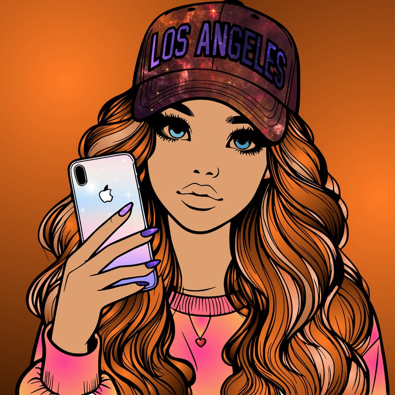 realistic beautiful girl wearing los ángeles cap holding an iphone