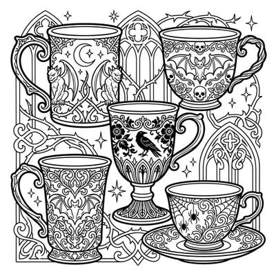 Dive into a world of dark elegance with this captivating coloring page featuring an array of gothic-inspired mugs and cups. Each vessel is adorned with intricate details like gargoyles, bats, and spiderwebs, perfect for a hauntingly beautiful coloring experience.