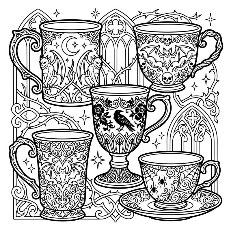 Dive into a world of dark elegance with this captivating coloring page featuring an array of gothic-inspired mugs and cups. Each vessel is adorned with intricate details like gargoyles, bats, and spiderwebs, perfect for a hauntingly beautiful coloring experience.