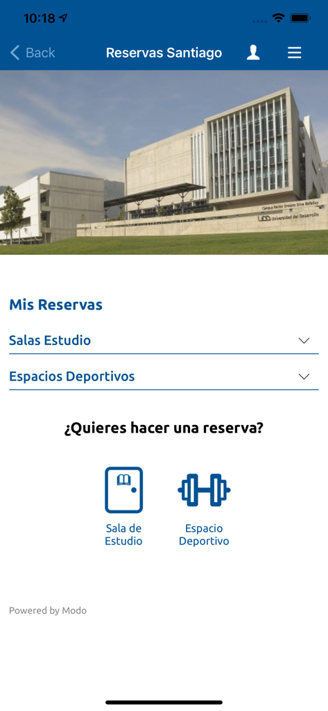 Mi UDD - Interfaccia dell'app mobile Mi UDD per la prenotazione di aule studio universitarie e impianti sportivi.