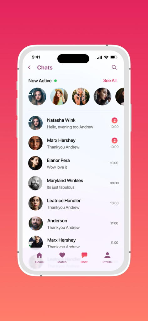 The chat interface of the Singles Connect dating app showing a list of message conversations and currently active users.