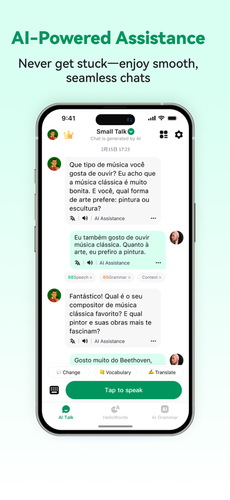 Portuguese Ai:Learn Portuguese - A mobile app screen showing a real-time AI chat interface for practicing Portuguese conversation with instant assistance