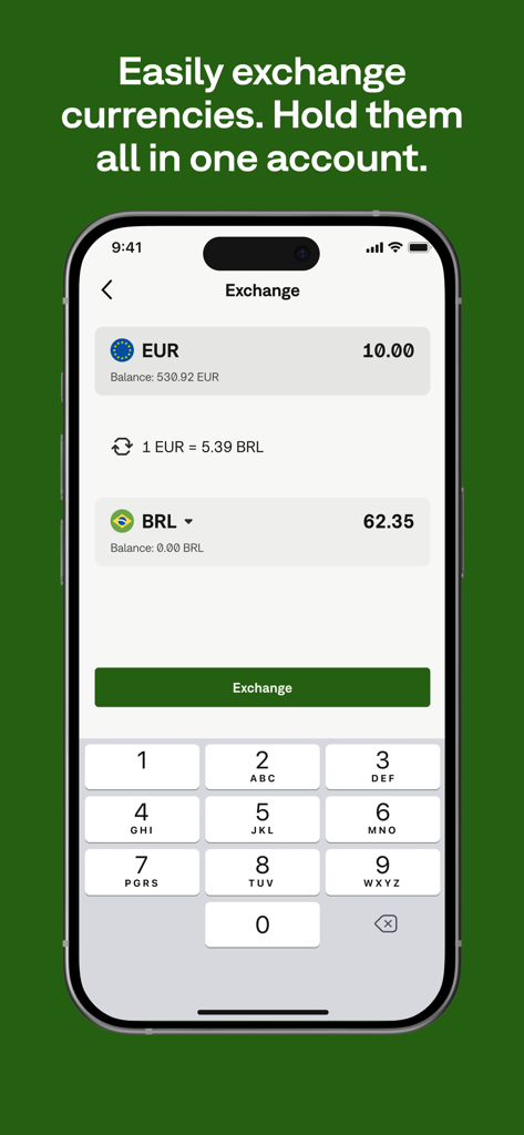 Neteller - Money Transfer - ユーロからブラジルレアルへの両替インターフェースを表示するNetellerモバイルアプリの画面