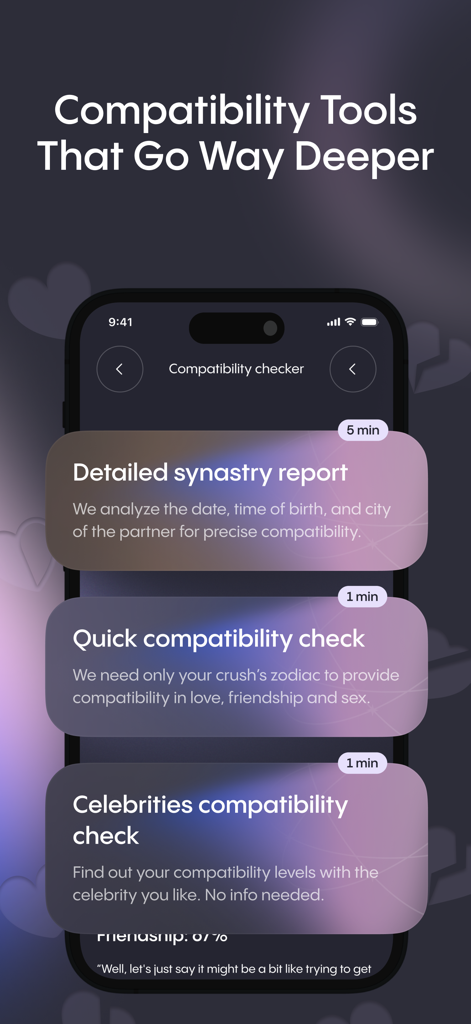 AstroBook: Astrology Insights - AstroBook app interface showcasing detailed synastry reports and quick zodiac compatibility checks