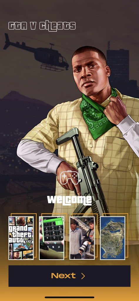 Welcome screen of the GTA 5 Cheats app featuring a main game character and feature previews