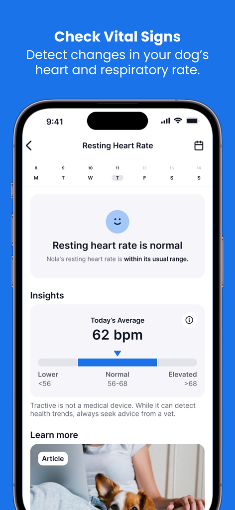 Pantalla de la app Tractive mostrando el monitoreo de la frecuencia cardíaca en reposo de un perro y datos de salud