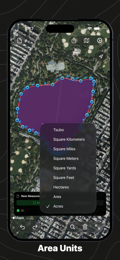 Geo Measure: Area & Distance - Vue de carte satellite dans l'application Geo Measure avec un menu déroulant montrant différentes unités de mesure de superficie