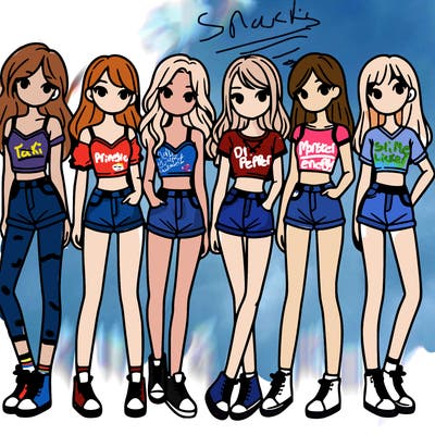 a group of girls wearing crop tops and shorts