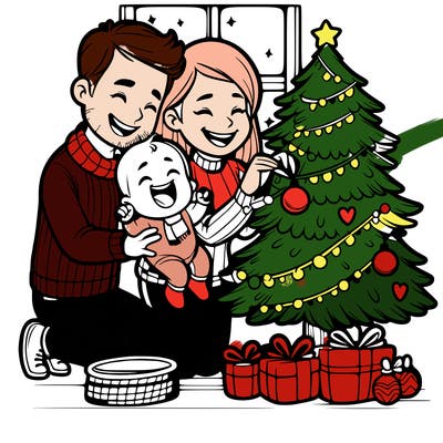 yılbaşı ağacı süsleyen bir karıkoca and yanlarında onları gülerek izleyen bir bebek çiz