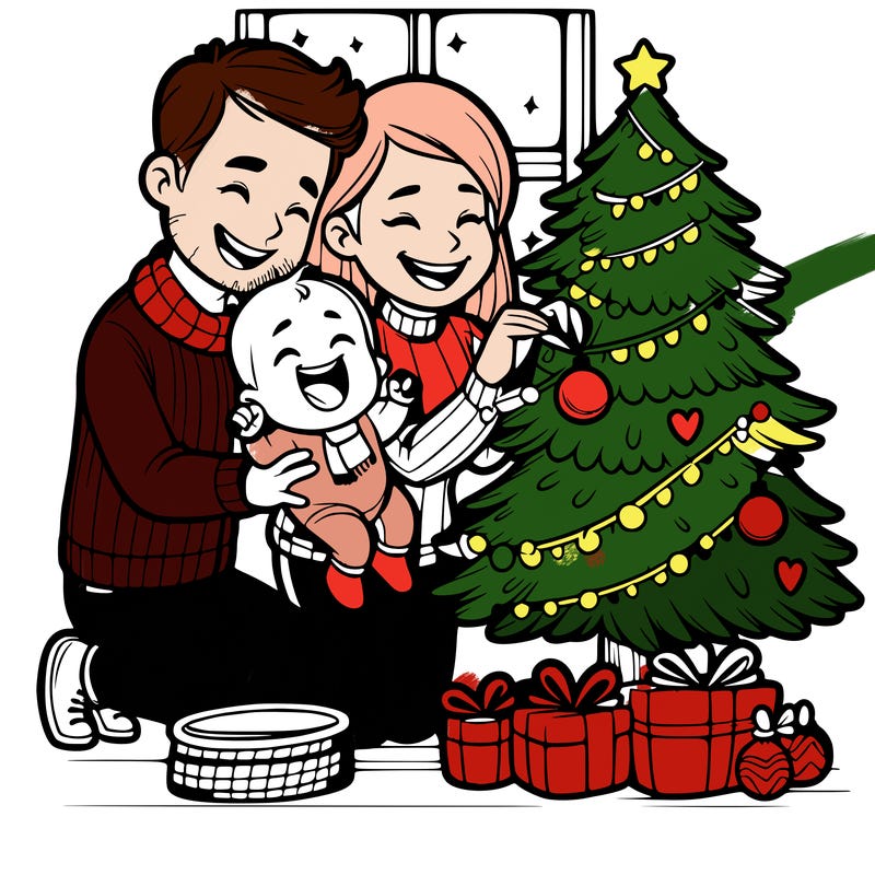 yılbaşı ağacı süsleyen bir karıkoca and yanlarında onları gülerek izleyen bir bebek çiz