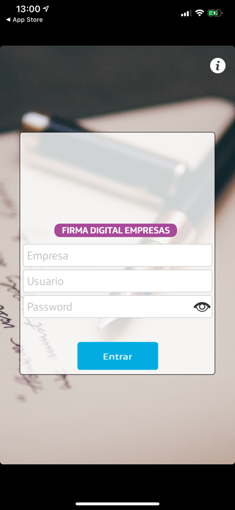 Firma Digital - Anmeldeoberfläche für die mobile Anwendung Firma Digital mit Feldern für Firmenbenutzername und Passwort und einem professionellen Hintergrund