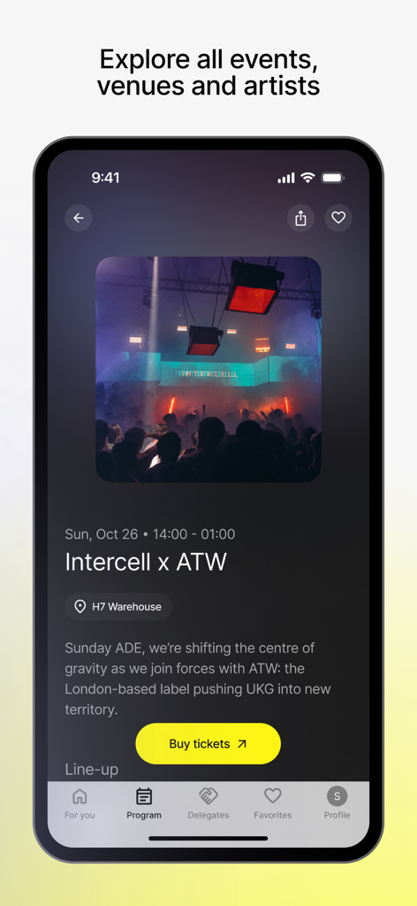 Amsterdam Dance Event App - A screenshot of the Amsterdam Dance Event app showing details for the Intercell x ATW event including date venue and a buy tickets button