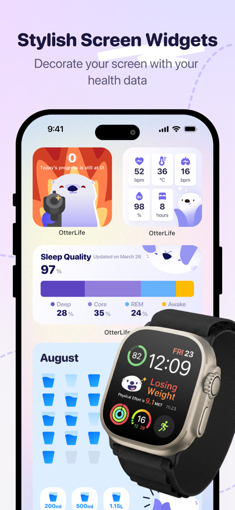 OtterLife: AI Health Tracker - iPhone and Apple Watch showing stylish health tracking widgets with a cute otter mascot